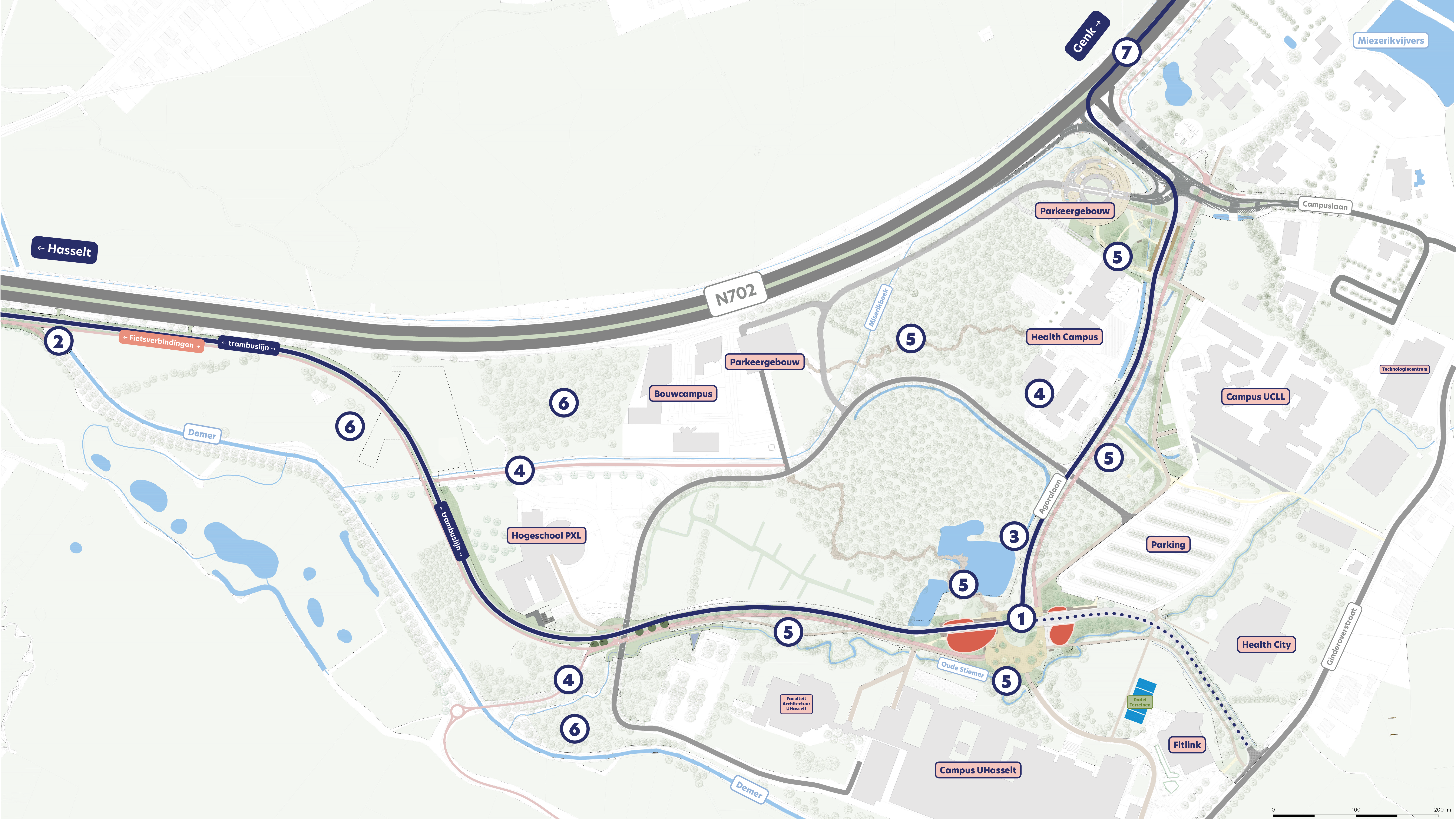 toekomstkaart voor de campus diepenbeek in het jaar 2026, na de werken voor de trambus